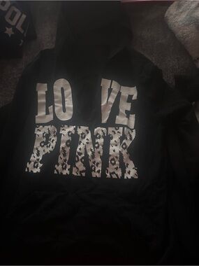 PINK Victoria's Secret Black Hoodie with White Leopard 'LOVE PINK' Print
